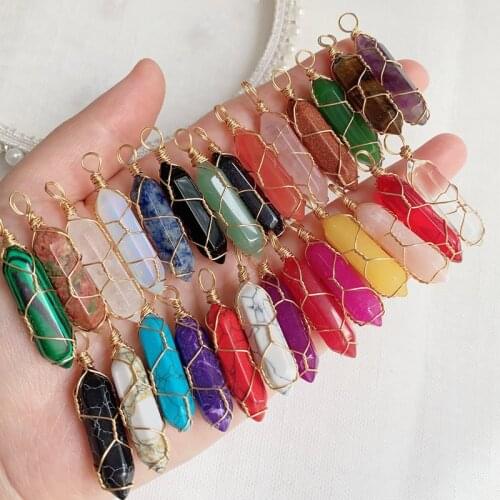 Colorful Natural Crystal Necklace Healing Stone Jewelry Wire Wrap Bullet Hexagonal Quartz Pendulum Pendant Point Chakra Pendulo