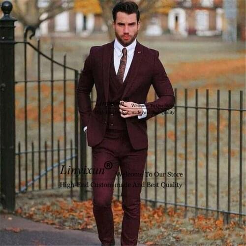 Casual Burgundy Suits for Wedding Groom Tuxedo Prom Party Best Man Outfits Groomsmen Attires 3Piece Man Ternos Slim Fit Trajes