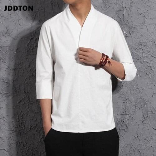 JDDTON Mens Short Sleeve Lacing Shirts Chinese Style Solid Color Cotton Linen National Streetwear Casual Loose Shirts JE656