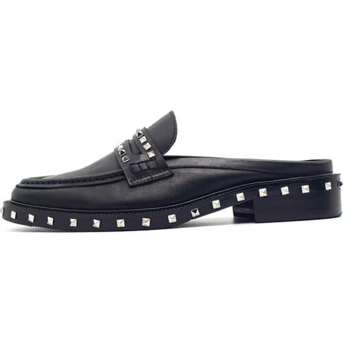 2018SS Spike Rivets Lazy Slippers Flat heel Cow full Grain Leather Mens Loafers Spring Oxfords Big Size euro 45