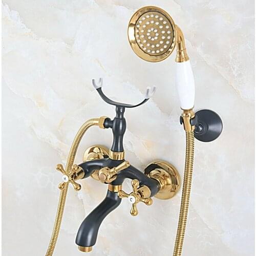 Wall Mount Black & Gold Color Brass Clawfoot Bathroom Bathtub Faucet Handheld Shower Mixer Tap Lna587