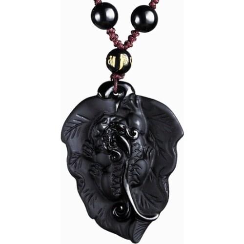 Natural Black Obsidian Beads Necklace Hand-Carved Tiger Jade Pendant Fashion Charm Auspicious Jewelry for Man Women Amulet Gifts