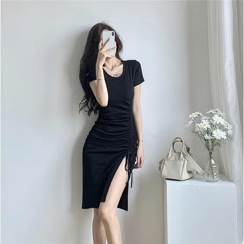 Real Shot 2021 Summer New Round Neck Drawstring Split Black Tight-Fitting Thin Bag Hip Short Dress