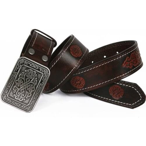 Chinese pattern Cowboy Smooth Buckle Belt GenuineMens Belt Ceinture Homme Yellow Belt Male Wide Jeans Men Genuine Leather Belt
