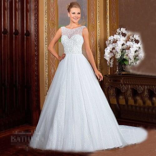 Vestido de casamento Bateau Sleeveless Appliques Beaded Sequins Bride Dresses Cheap Custom Ball Gown Wedding Dress 2016