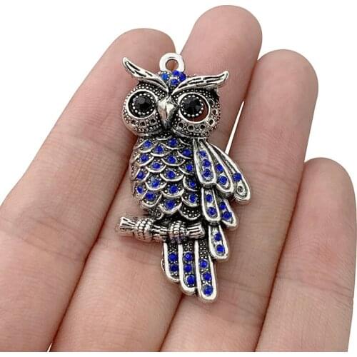 5 x Tibetan Silver Bird Owl With Rhinestone Charms Pendants for Jewelry Necklace Making Accessories 45x25mm