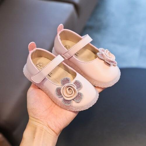 Girls Leather Shoes Kids Flats Soft Princess Dress Shoes for Party Wedding Rhinestone Childrens Shoes Rubber Sole Floral Flower