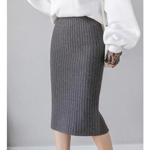 Elegant Midi Knitted Skirts Women 2020 Autumn Winter Ladies Korean High Waist Pencil Skirt Black Warm Long Skirt Jupe Femme