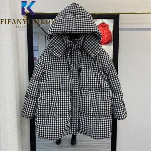 2021 Winter Jacket Women High Quality Fashion Plaid Down Jackets Loose Casual Hooded Parkas Thick Warm Cotton Coat Female