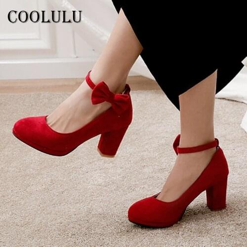 COOLULU Ankle Strap High Heels Women Shoes Bow Chunky Heel Pumps Buckle Strap Ladies Dress Footwear Sweet Spring Beige Size 48