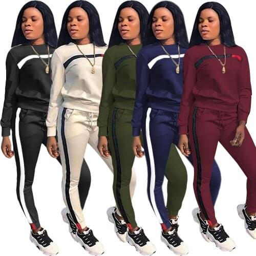 Womens Leisure Splicing Sports 2 Pieces Sets Casual Striped Sports Sweatsuit Joggers Outfit Top Sweatpants Tracksuit Wholesale
