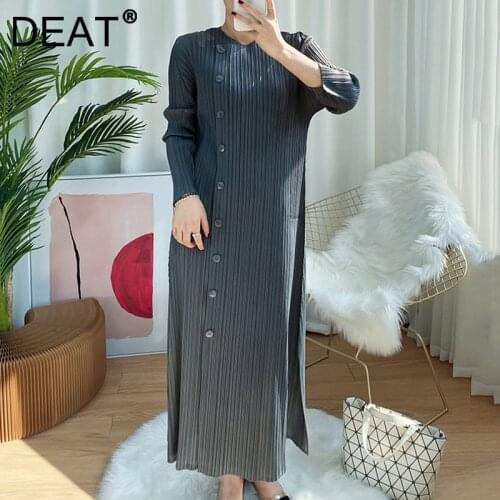 DEAT Women Maxi Pleated Dress Side Single Breasted Design Long Sleeve straight Elastic Casual Style 2021 Autumn Fashion 15JK252