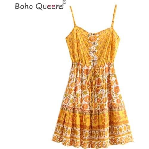 Boho Queens Women yellow floral print sleeveless beach Bohemian dress Ladies Summer rayon Spaghetti Strap mini dress vestidos