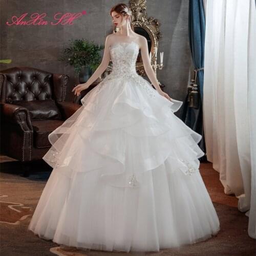 AnXin SH princess french retro flower white lace wedding dress vintage strapless beading crystal ruffles bride wedding dress