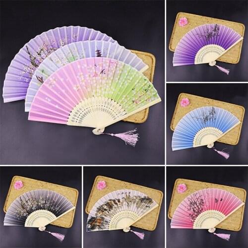 1PC Retro Chinese Japanese Silk Bamboo Folding Fan Home Decoration Ornaments Floral Pattern Vintage Style Hand Held Dance Fans