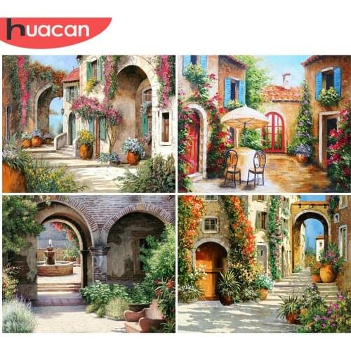 HUACAN DIY Diamond Painting Landscape House Diamond Embroidery Town Full Square Rhinestone Of Picture Cross Stitch Decoration