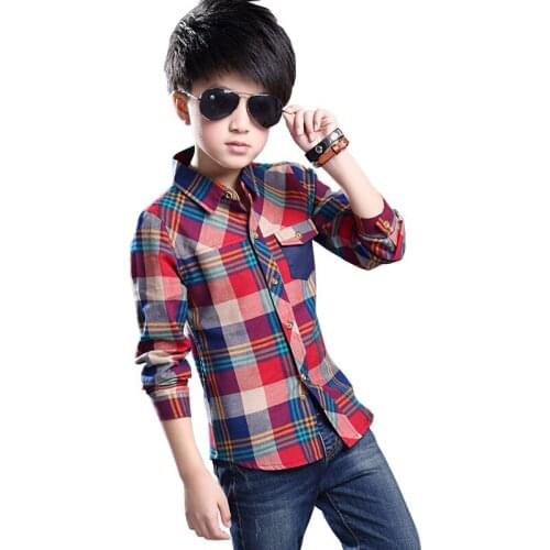 Kids Boys letters printed plaid cotton shirt new spring / autumn big virgin long-sleeved shirt 4-12 years old