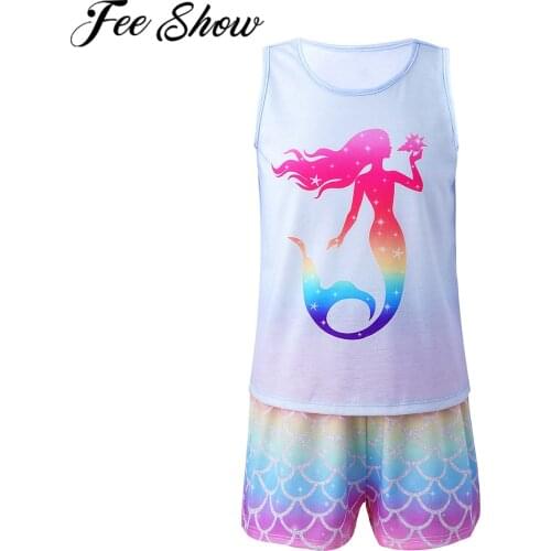 Kids Pajamas Girls Summer Suit Cotton Casual Mermaid Home Clothes Children Sleeveless Vest Tops + Shorts Sleepwear Set 6-14Y