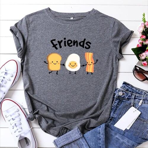100% Cotton Oversized Womens T-shirt O-Neck Short Sleeve Harajuku Street Colorful Food Egg Bacon Noodles Top Casual Female