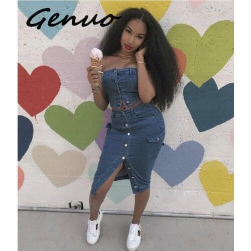 Genuo New Denim Dress 2019 Summer Slim Sweet Style Strap Jeans Dress Women Off Shoulder Denim Sundress Denim Overall Party Dress