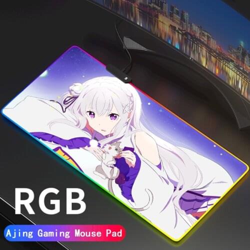 Emilia Gaming Mouse Pad RGB Re:Zero Gamer Computer Mousepad LED Backlit Mause Large Rem Mausepad XXL For Desk Keyboard Mice Mat