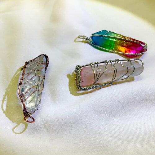 Necklace Pendant Handmade Tree of Life Water Drop Crystal Natural Stone Pendant Gold Color Tigereye Green Aventurine