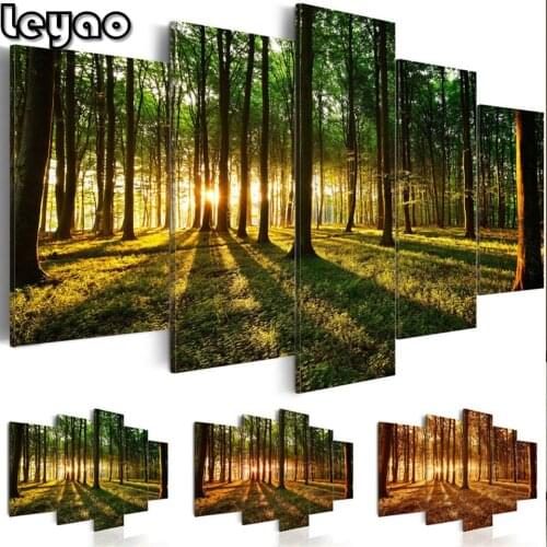 Green Forest Trees Sunset diamond Painting full drill 5 Pieces Natural Landscape Poster Modern Wall Art for Living Room Home Dec