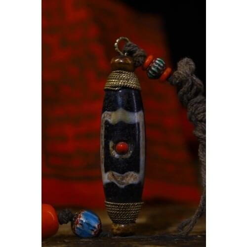 3"Tibet Temple Collection Old Natural agate mosaic Gem Burst old Dzi Bead Nine Eyes Town House Exorcism Ward off evil spirits