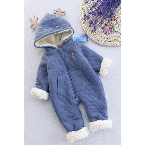 Deer Figured Plush Lined Baby Boy Astronaut Jumpsuit
