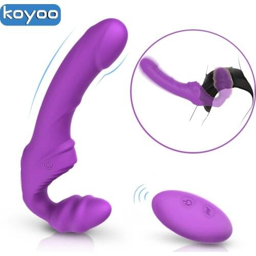 KOYOO Dual Vibrating Strapless Vibrators for Lesbian Two Women Wireless Remote Strap on G Spot Anal Dildo Sex Toys for Adults 18