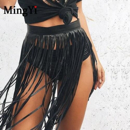 Leather Fringe Skirt Black Women Sexy Harness Waist Band Fringe Belt Tassel Skirt Mini Skirt Festival Party NightClub Dance Wear