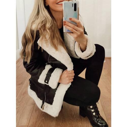 Ailegogo Autumn Winter Coat Women Pu Faux Soft Leather Black White Sheepskin Fur Jacket Female Aviator Outwear Casaco Feminino