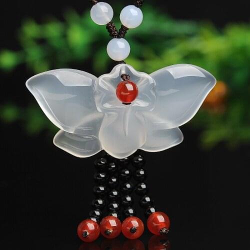 Ice Agate Jade Butterfly Necklace White Chalcedony Sweater Chain Female Pendant Simple Versatile Jewelry Crystal Pendant