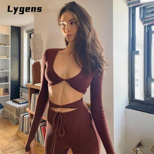 Lygens 2021 Summer Women Ribbed Long Sleeve Crop Top High Waist Flare Pants Bandage Set Casual Streetwear 2 Pieces Fitness