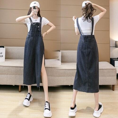 New Summer Style Women Dresses Casual Solid Button Side Split Pockets Slim Strap Jeans For Females Denim Vest Slip One-Piece