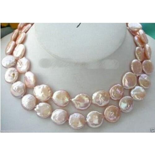 Charming natural 11-12MM freshwater pink coin pearl necklace 35" AAA