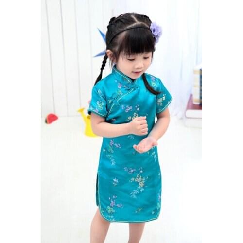 Blue Floral Baby Girls summer Dress Kid Chinese Style chi-pao cheongsam New Year gift Childrens Clothes Princess Party Costumes