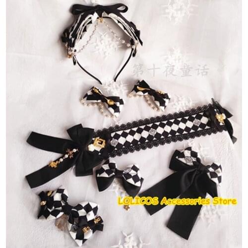 Gothic Lolita Hair Band Anime Alice Hairpin Black White Plaid Bow JSK KC Headband Side Clip Retro Punk Cosplay Hair Ornaments