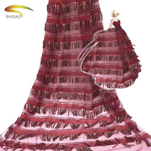 Shidao New Arrival African Tassel Lace Fabric Nigerian Sequins Lace Fashion Evening Dress 5 Yards/A lot