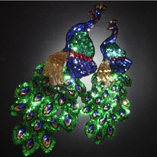 2pcs Colorful green blue Sequin Peacock Embroidery Fabric Large Applique Patch sewing BJ0100