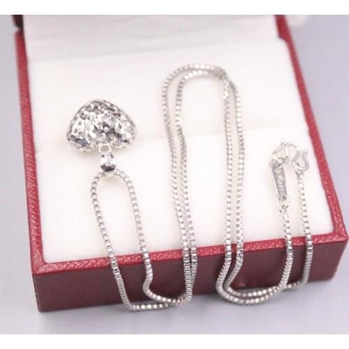 Solid platinum 950 Necklace 1mm box Link chain 16"L 12x12mm Hollow Pattern Loving Heart Pendant