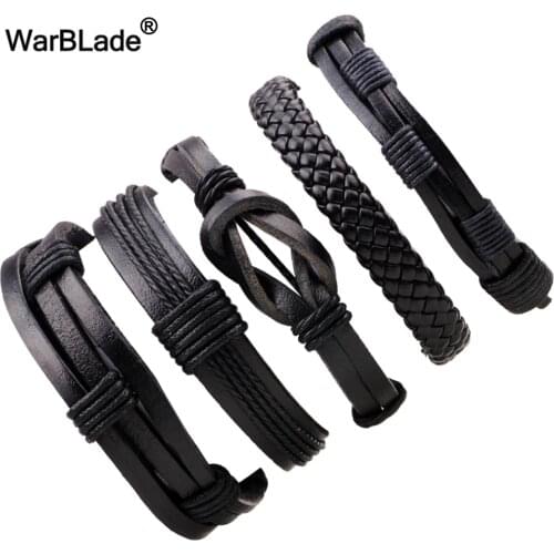 WarBLade 5pcs/Set Vintage Men Bracelet Multilayer Genuine Leather Braided Bracelet Bangle Punk Wrap Wristband For Men Women Gift