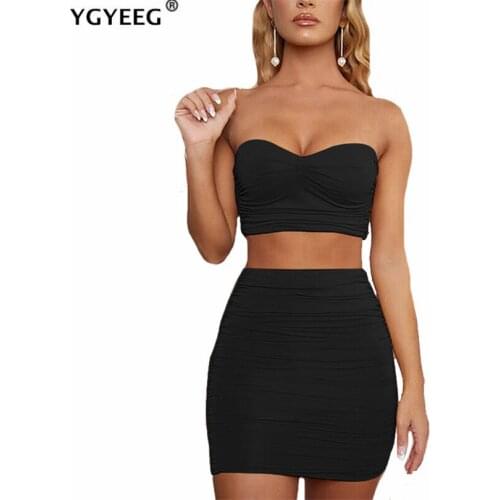YGYEEG Sleeveless Strapless Off Shoulder Folds 2 Piece Set Women Backless Bodycon Crop Top Mini Skirt Ladies Night Club Party
