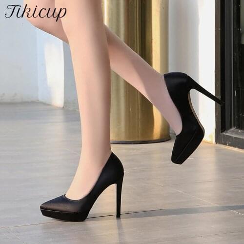 Tikicup Women Silk Satin Pointy Toe Platform High Heels Ladies Stiletto Pumps Wedding Party Dress Shoes Green Black Blue Pink