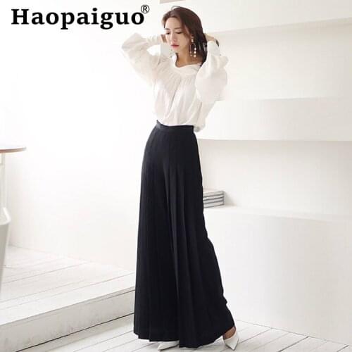 2019 Summer Office Work Suit Set Slash Neck Pleated White Shirt and Empire Long Wide Legge Pant Corset Two Pieces Set Plus Size