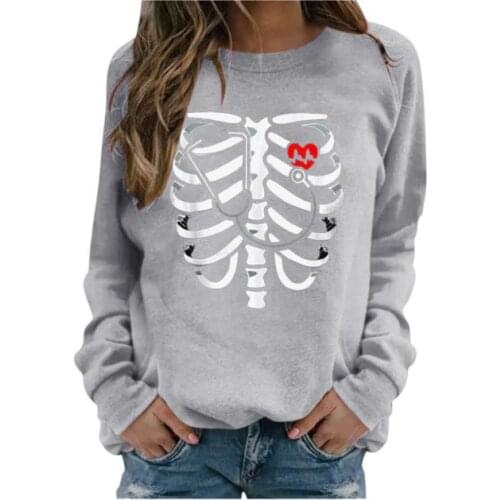 Women Casual Loose Sweater Sweatshirt Harajuku Skeleton Heart Print Long Sleeve Round Neck Sweatshirt