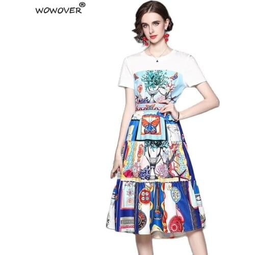 Summer Fashion Runway Womens Short Sleeve Print T-Shirt Patchwork Midi Casual Aline Dress Female Clothing Vintage Holiday Robe