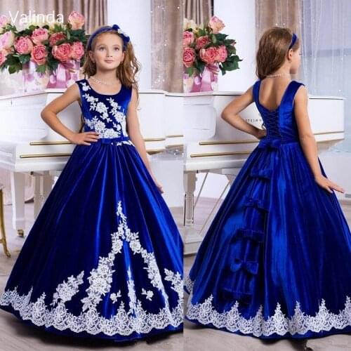 Royal Blue Velvet Flower Girl Dresses with Lace Appliques Long Formal Pageant Gowns Kids Couture