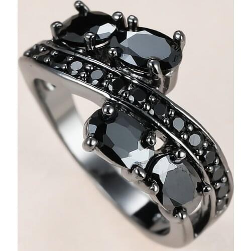 Vintage Female Black Crystal Stone Ring Charm 14KT Black Gold Wedding Rings For Women Luxury Oval Round Zircon Engagement Ring