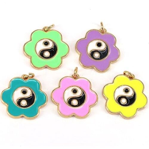 10Pcs, Religious Rainbow Enamel Coated Yin Yang Flower Shape Necklace Charm Gossip Pendant for Necklace Jewelry Making